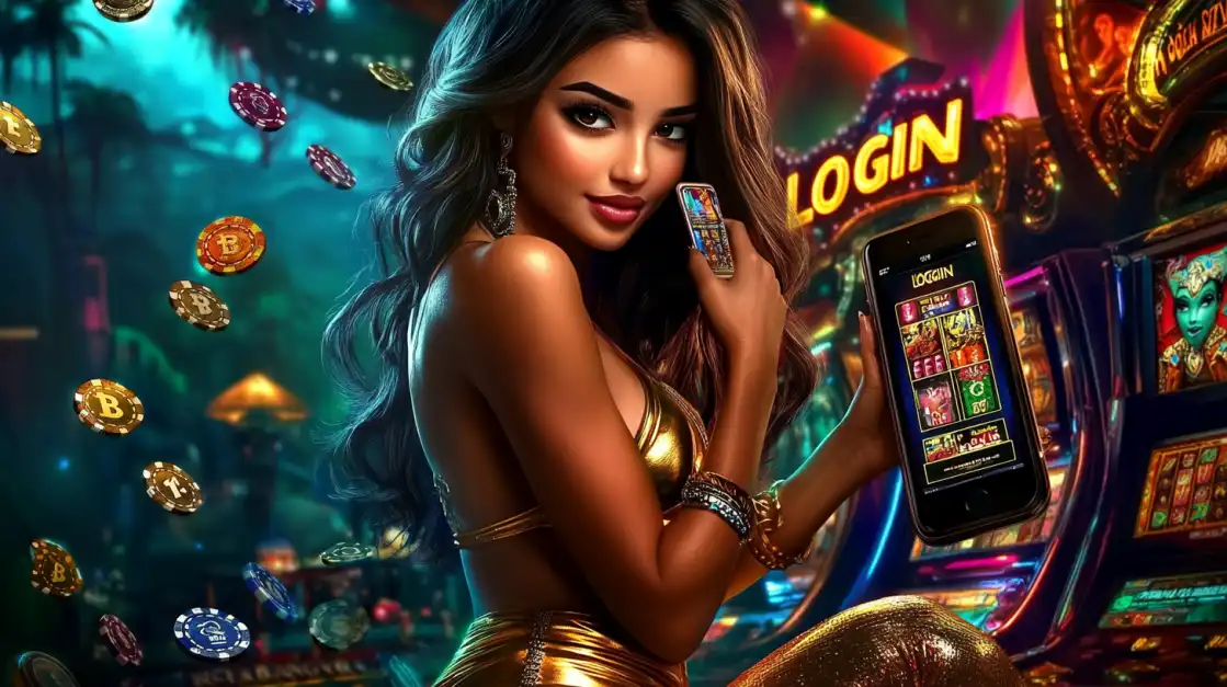 Jogos de Cassino e Slots Temáticos na 900Bet Mulher em um cenário de cassino temático de aventura, mostrando o app de caça-níqueis da 900Bet no celular. Fichas de apostas flutuam ao redor.