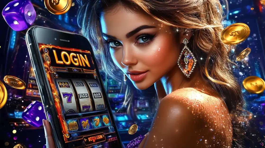 Faça Login e Jogue nos Melhores Caça-Níqueis | 900Bet Mulher glamorosa segurando um smartphone com a tela de login para os jogos de caça-níqueis do cassino online 900Bet, com moedas de ouro e dados ao redor.