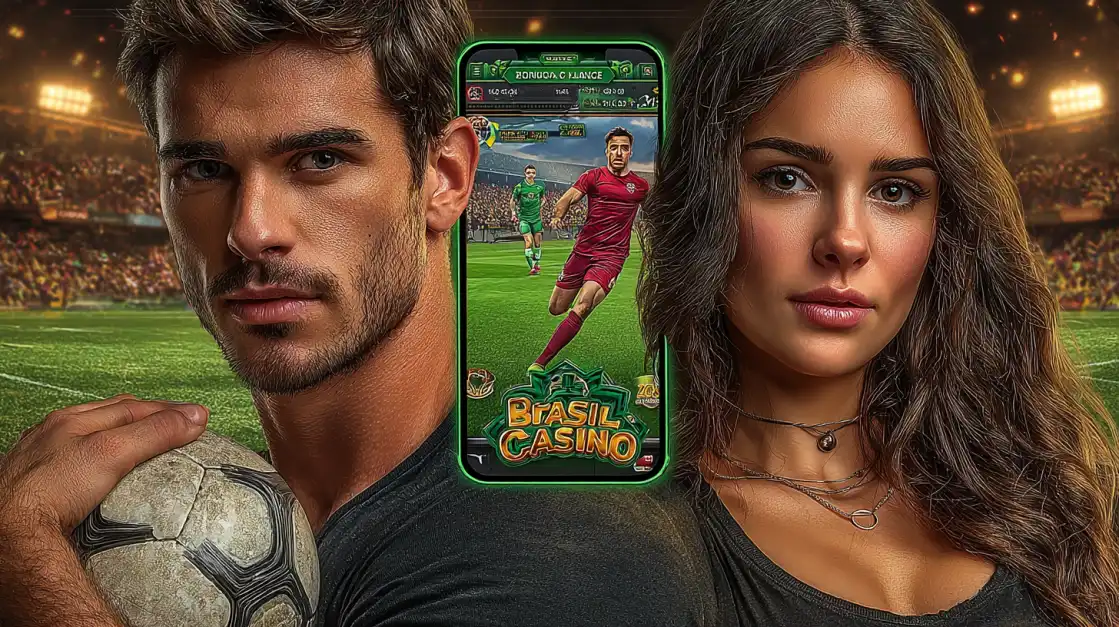 Apostas Esportivas e Cassino Online no Brasil | 900Bet Homem segurando uma bola de futebol e uma mulher ao lado de um smartphone exibindo o jogo de apostas esportivas da 900Bet. Faça seu palpite no cassino online.