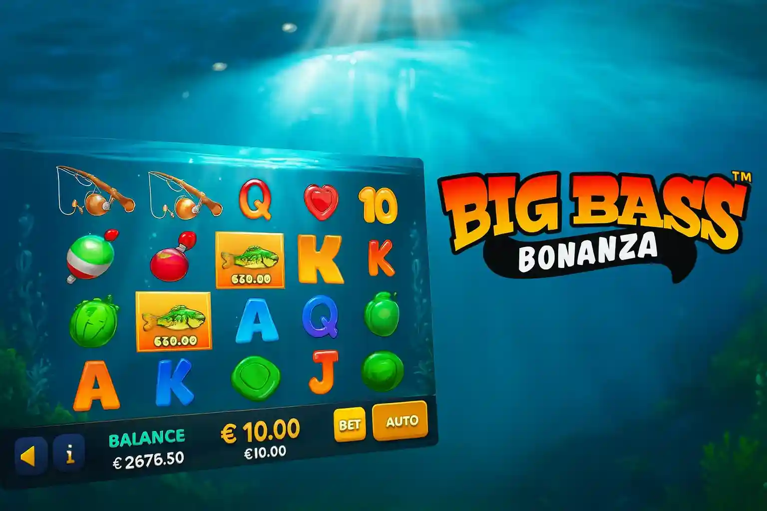 Tela do jogo Big Bass Bonanza com tema subaquático e rolos