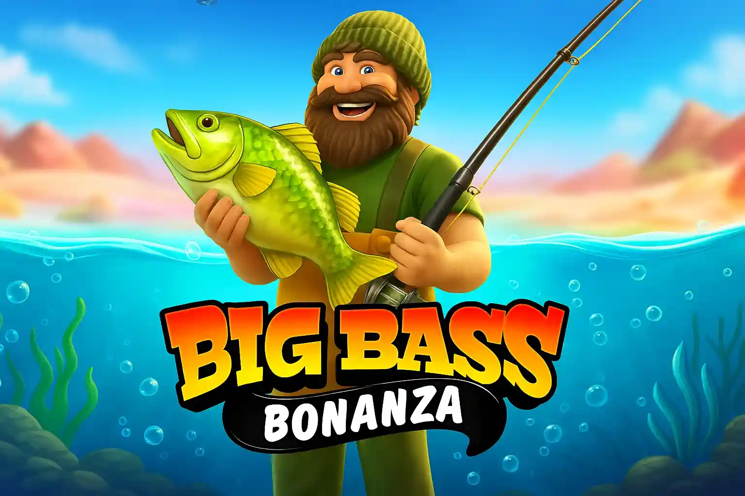 Personagem pescador segurando peixe grande no Big Bass Bonanza