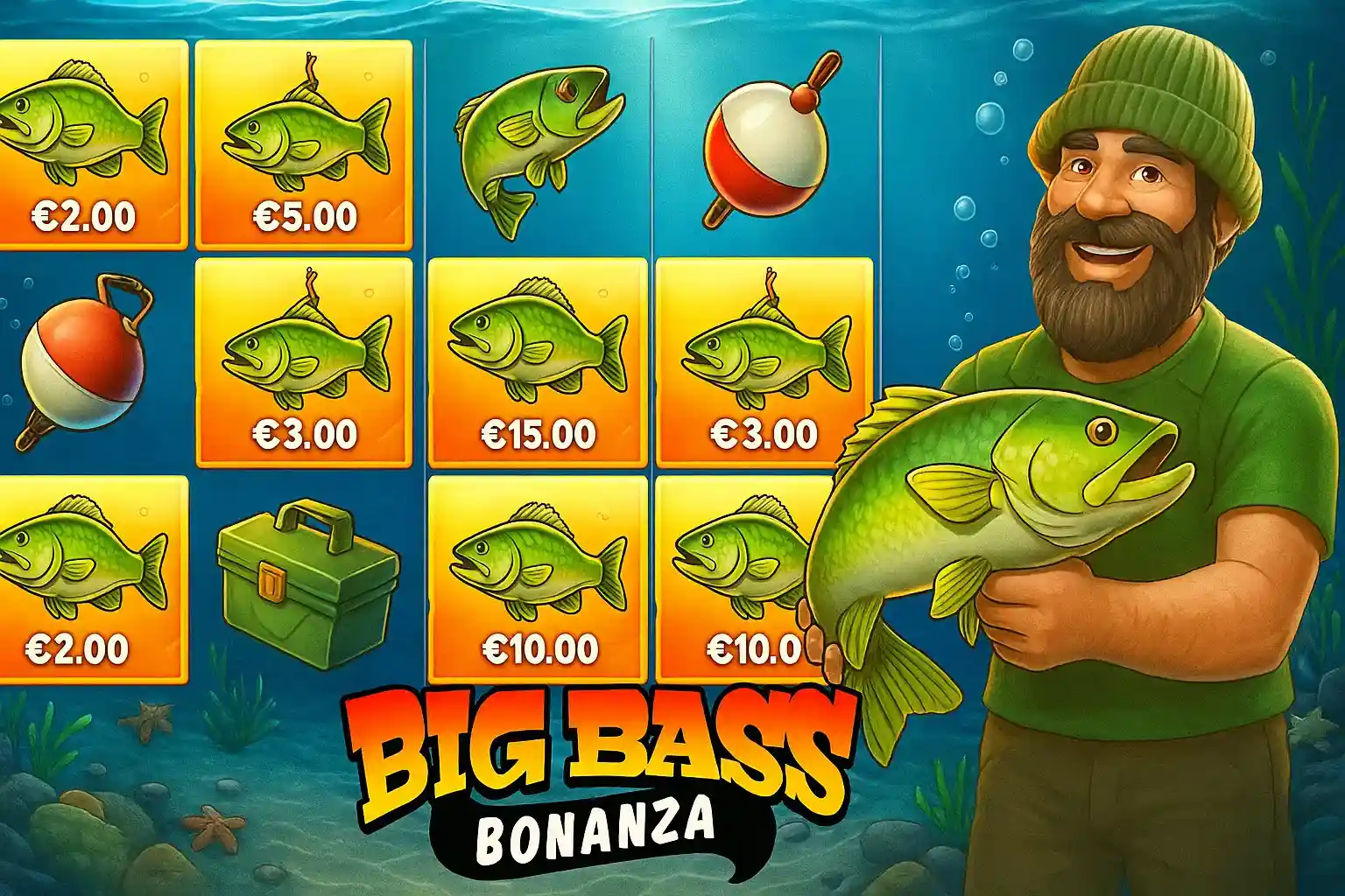 Grade do slot Big Bass Bonanza com peixes e valores em destaque