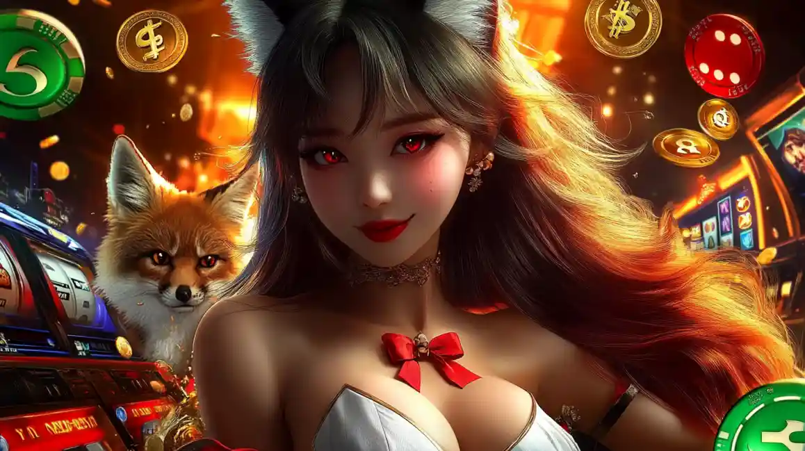 Personagem com orelhas de raposa em cenário luxuoso de cassino digital