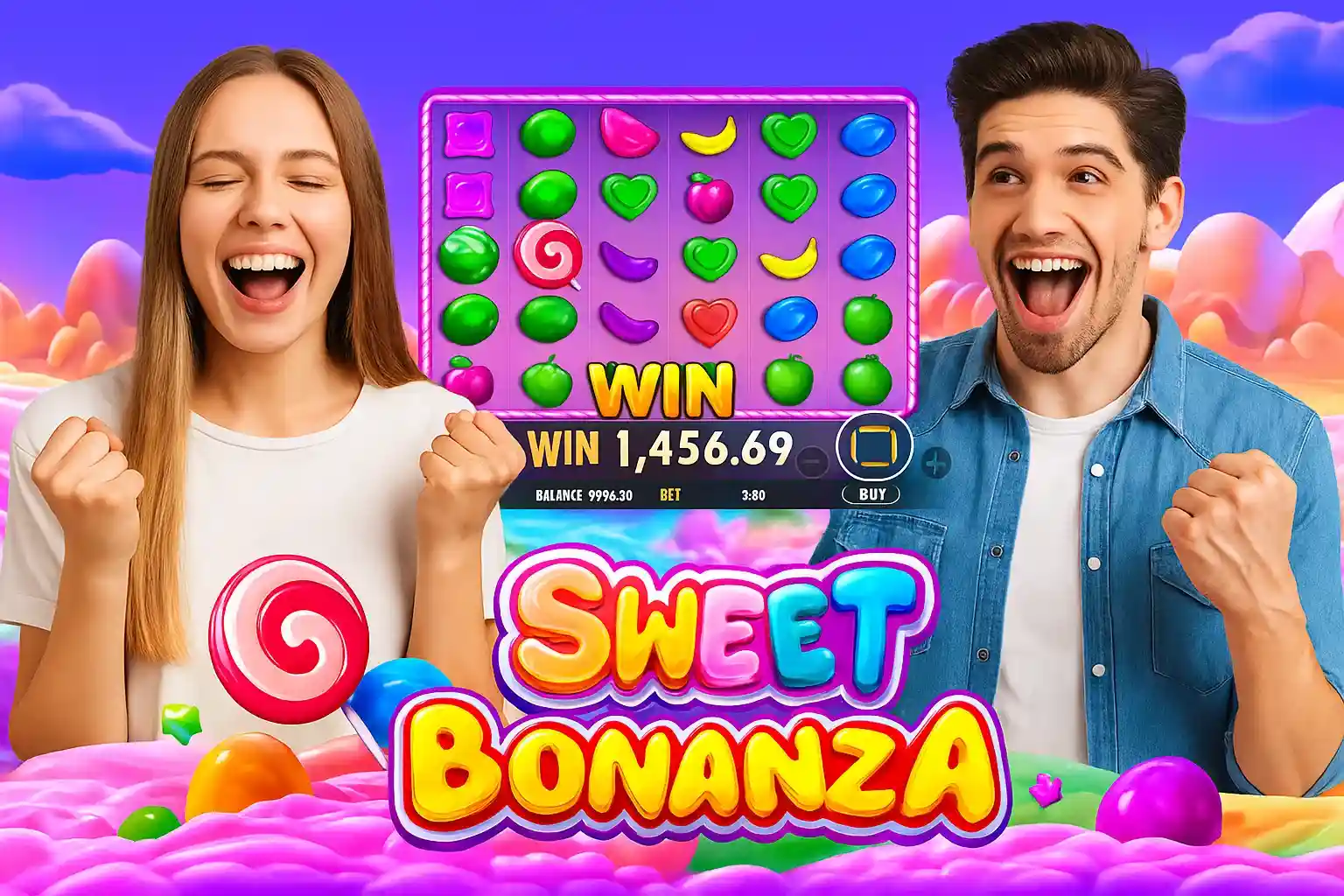 Casal comemorando grande vitória no jogo Sweet Bonanza online