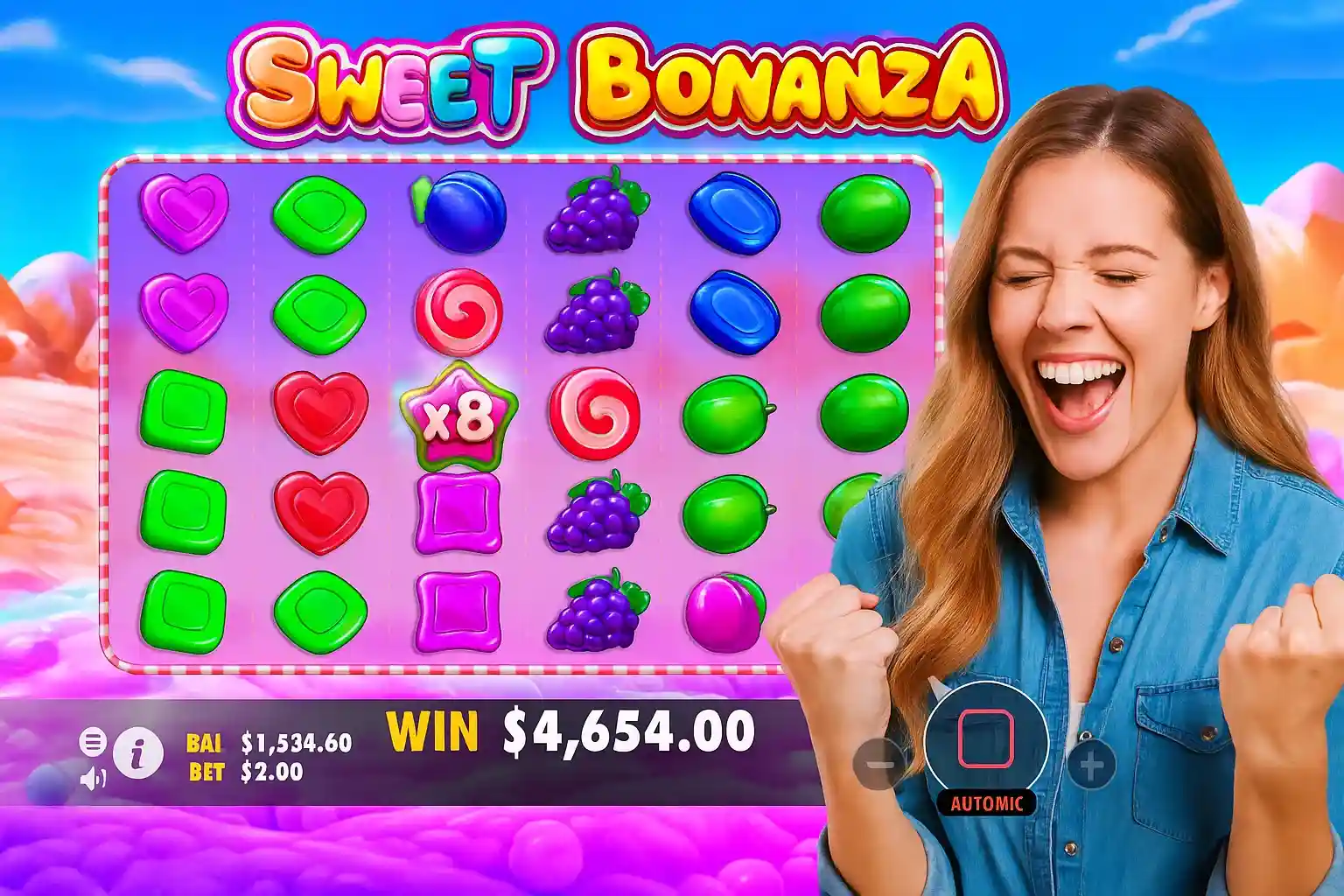 Jogadora celebrando prêmio alto com multiplicador no Sweet Bonanza