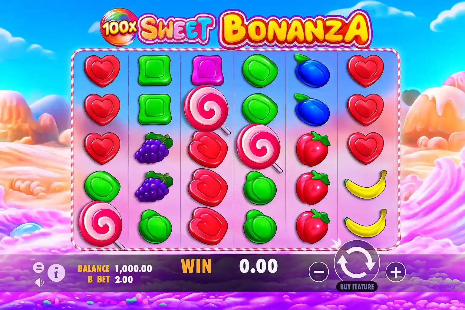 Interface colorida do slot Sweet Bonanza com símbolos de doces